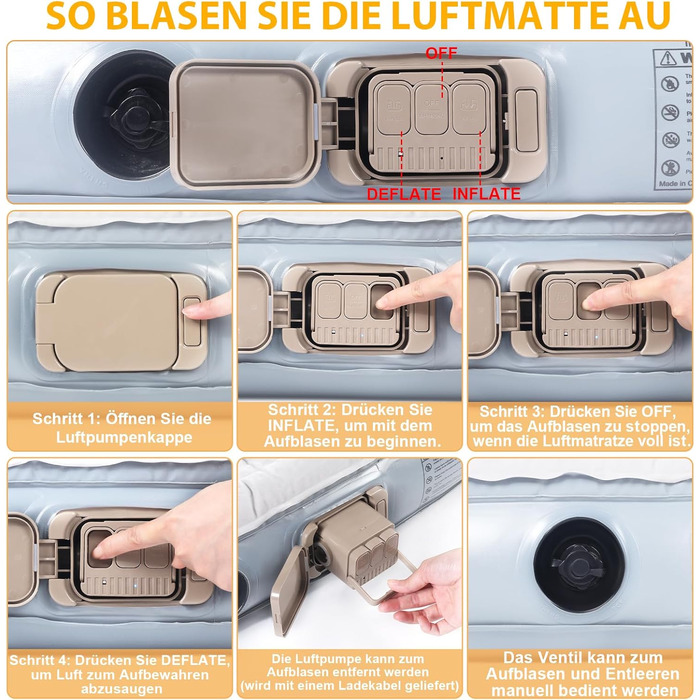 Надувний матрац KMZ SUV із вбудованим електричним насосом - потовщений та флокований матрац для подорожей та кемпінгу - вантажопідйомність 300 кг - сірий