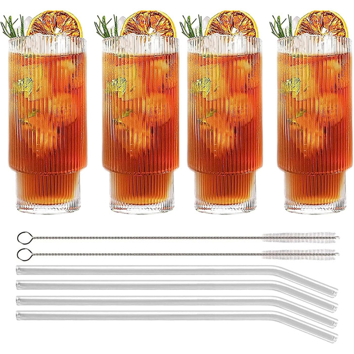 Набір рифлених келихів MUJUZE з соломинкою, 4 шт. окулярів з рифлом естетичний стек, набір окулярів Highball 310 мл, скляні чашки