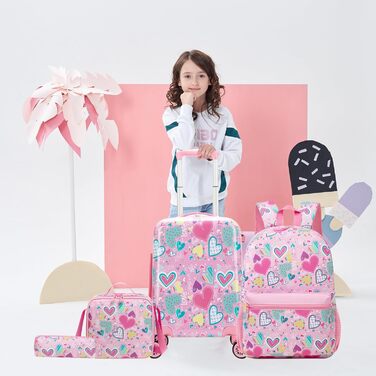 Дитячий набір валіз HTgroce 5 предметів рюкзак-ранце для дівчинки, валіза на колесах, дитяча ручна поклажа, дорожній набір, твердий корпус, рожевий з сердечками