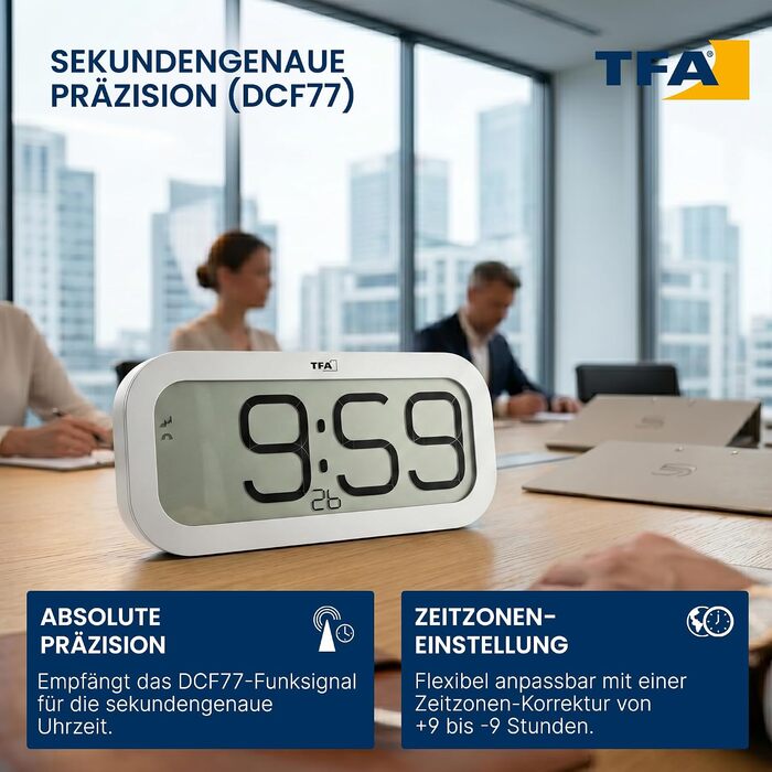 Цифровий настінний годинник TFA Dostmann з мелодією щогодини Bim Bam, 60.4514.02, радіокерований, 5 варіантів звуків (Біг-Бен, птах, зозуля, дзвони, singing bowl), функція будильника, LED-дисплей, білий