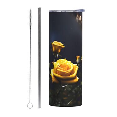 Кухоль з прямою трубочкою, красиві жовті троянди, принт, дорожній кухоль, підходить для кемпінгу, офісу та дому, 590 мл