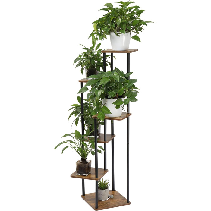 Рівнева підставка для рослин, підставка для квітів, металевий та дерев&39яний квітковий табурет, квіткові драбини, полиця для квітів, підставка для квіткових горщиків, підставка для рослин для балкону, саду, вітальні, чорна (чорна, 6 рівнів) чорна 6 рівні