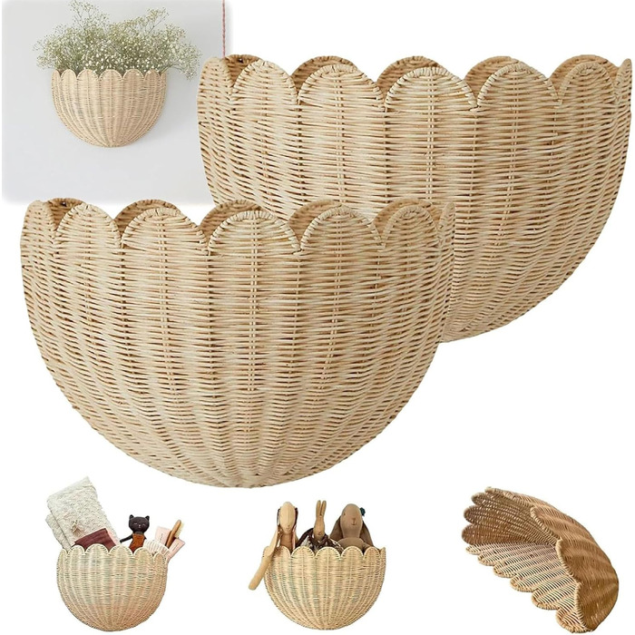 Плетений настінний кошик з ротанга, підвісний кошик у стилі бохо, кошик для квітів, кошик для зберігання, декоративний кошик для вітальні, кухні, дитячої кімнати, ванної кімнати, спальні, коридору (великий x 2)