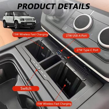 Подвійний бездротовий автомобільний зарядний пристрій для салону Land Rover Defender 90 110 130 X/X-DYNAMIC/V8/CARPATHIAN Edition