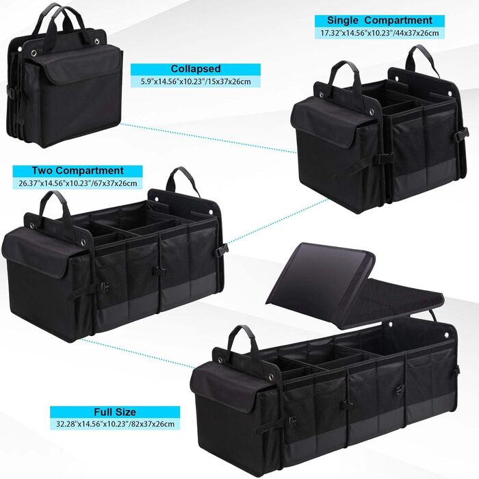 Органайзер для багажника авто, позашляховика, пікапа з від'ємною термосумкою, багатосекційний з відкидною кришкою, нековзним дном, для зберігання речей у дорозі (чорний) П