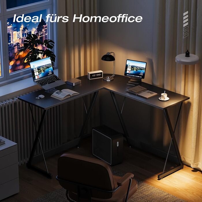 Ігровий стіл ODK, L-подібний ігровий стіл 120 x 120 см, стабільний та компактний кутовий стіл для домашнього офісу та ігор, чорний колір з вуглецевого волокна 120 x 120 см