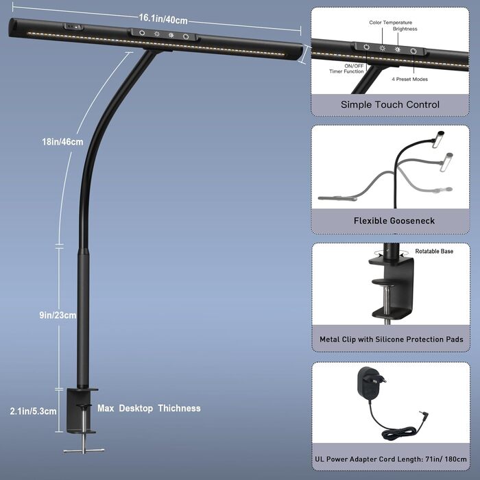 Світлодіодна настільна лампа для захисту очей EYOCEAN, регульована лампа з затискачем гусячої шиї, офісна настільна лампа з сенсорним керуванням, регульоване затемнення та колірна температура, затискна лампа 12 Вт матовий чорний
