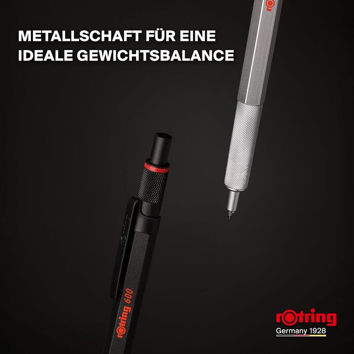 Гелева ручка rOtring 600 0,55 мм Чорне чорнило Пишучий інструмент сріблястого кольору з металевим корпусом Нековзка зона захоплення з насічкою та шестигранний корпус Змінний гель сріблястого кольору
