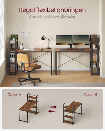 Стіл VASAGLE, комп'ютерний стіл з полицями праворуч або ліворуч, офісний стіл шириною 137,2 см, для навчання, домашнього офісу, пр