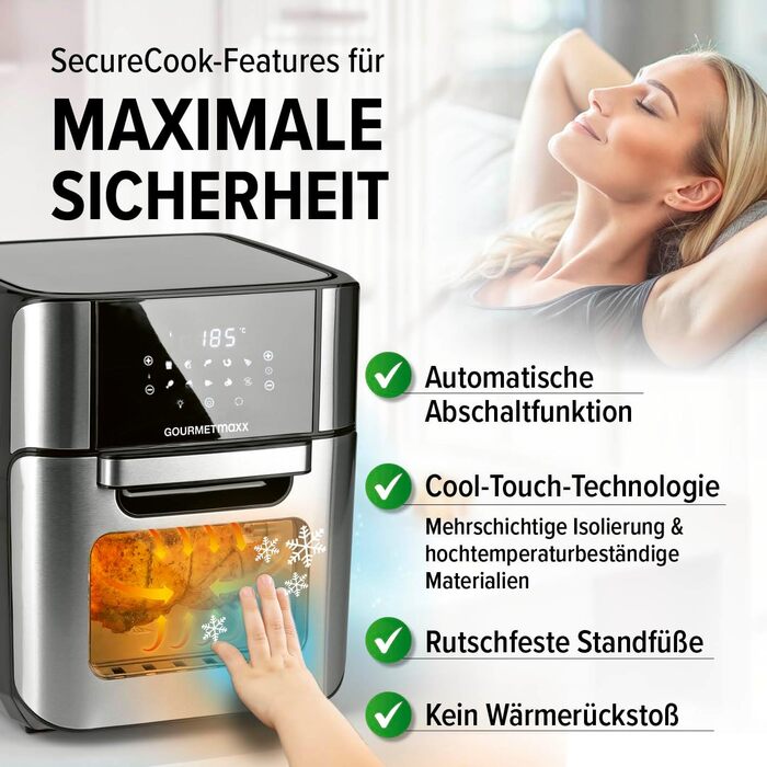 Цифрова фритюрниця GOURMETmaxx 12 л, духова шафа з нержавіючої сталі XXL Мультипіч таймер, сенсорний дисплей, гриль Нежирне, енергозберігаюче смаження 10 програм в т.ч. піца 1800 Вт нержавіюча сталь / чорний 12 літрів