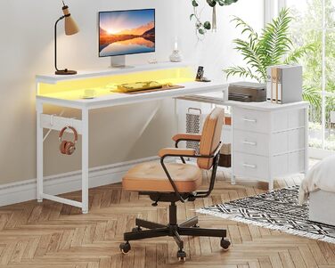 Г-подібний письмовий стіл ODK з шухлядами, кутовий стіл 174x100 см, білий з перевернутою полицею, ігровий стіл зі світлодіодним підсвічуванням та підставкою для монітора, комп&39ютерний стіл, офісний стіл для кабінету або спальні, 174x100 см, білий