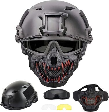 Тактичний шолом PJ типу Airsoft Fast та складна маска для захисту слуху з окулярами та повним захистом обличчя, червона маска