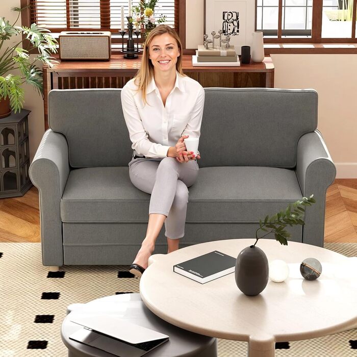 Місний диван HOMCOM з підлокітниками, товсто м&39який двомісний диван, сучасний м&39який диван з S-подібними пружинами, лляний вигляд, дерев&39яні ніжки для спальні та вітальні, 150 x 74 x 86 см, темно-сірий, 2-