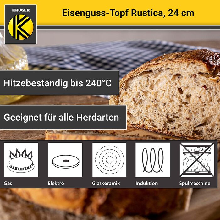 Чавунна каструля Krger з кришкою - емальована - чорна матова зовні і всередині - висока термостійкість і дуже добре утримує тепло