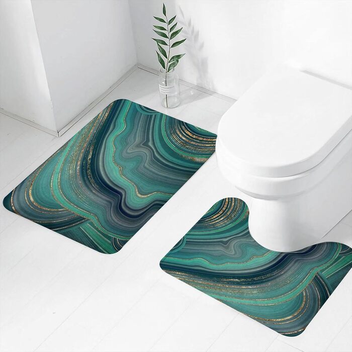 Комплект килимків для ванної кімнати, 2 предмети, що праються, нековзний килимок для ванної, килимок для туалету, м&39які, абсорбуючі килимки для ванної, мармуровий синьо-біло-зелений та бірюзовий абстрактний фон. Рідкий мармур, вологість, мармуровий синь