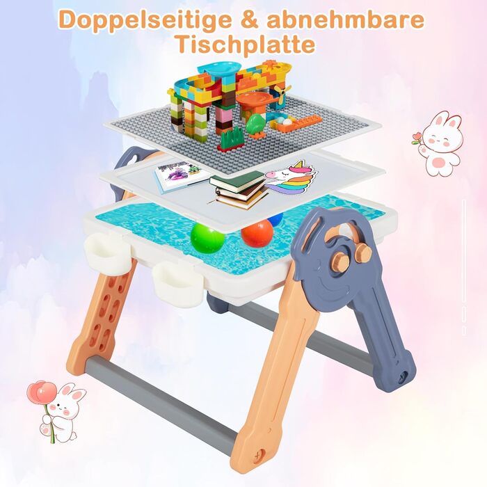 Дитячий столик GOPLUS 6 в 1 зі стільцем, складний дитячий мольберт з двосторонньою стільницею, 102 будівельними блоками та 4 знімними кошиками, ігровий столик для дітей 3-8 років