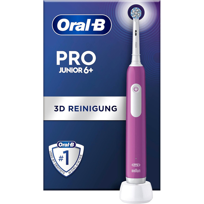 Електрична зубна щітка Oral-B Pro Junior для дітей від 6 років, датчик тиску, 3 режими чищення в т.ч. чутливий для догляду за зубами, м'яка щетина та таймер, дизайн Braun, фіолетовий фіолетовий