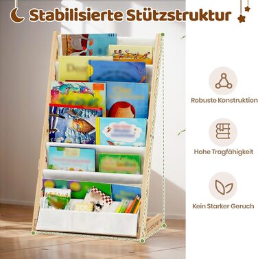 Дитяча книжкова полиця COSYLAND з 6 полицями з тканини Оксфорд - Дитяча книжкова полиця з натурального дерева - Дитяча книжкова полиця з закругленими кутами та компактна, 42Д x 30Ш x 76В см (колір натурального дерева, середній)