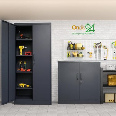 Шафа для документів Ondis24, багатофункціональна шафа, із замком, регульовані полиці, міцна, довговічна, подвійні двері з магнітними дверцятами та ручками, надійна, шафа для інструментів, офіс, майстерня, гараж (антрацит, 170) Антрацит 170