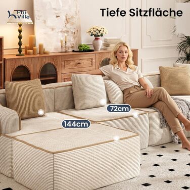 Кутовий диван PHI VILLA зі сном, Cloud, безкістковий диван, 5-місний L-подібний модульний диван для вітальні, вельвет, не потребує складання, бежевий, 5-місний, бежевий