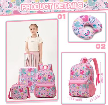 Дитячий набір валіз HTgroce 5 предметів рюкзак-ранце для дівчинки, валіза на колесах, дитяча ручна поклажа, дорожній набір, твердий корпус, рожевий з сердечками