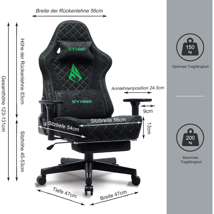Ігрове крісло Symino, ергономічне офісне крісло, дизайн гоночного крісла для ПК, вінтажна штучна шкіра, регульоване поворотне робоче крісло з підставкою для ніг (чорне)