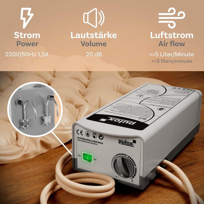 Протипролежневий матрац Pulox ADM-130 - Накладка зі змінним тиском з насосом - Низький рівень шуму (20 дБ) та вантажопідйомність до 130 кг - Бежевий