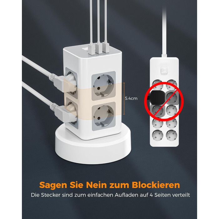 Розетка TESSAN на кілька штепсельних розеток з USB, розетка на 8 відділень з висувним подовжувачем, розетка на кілька штепсельних