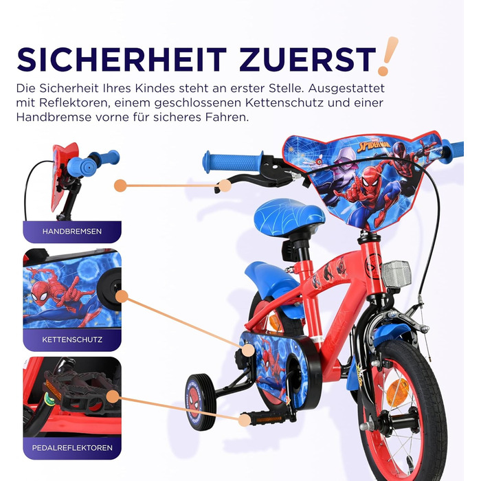 Дитячий велосипед Volare 12, 14, 16 для дівчаток та хлопчиків 36 років Офіційно ліцензований з дизайном персонажа З додатковими колесами, ножним та ручним гальмами, регульоване сидіння та легка збірка Spider-Man 12