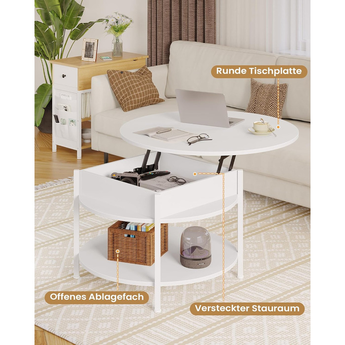 Круглий журнальний столик з підйомною стільницею, журнальний столик з регульованою висотою, бічний столик, стіл для вітальні з прихованим місцем для зберігання, відкритий відсік, металевий каркас, для вітальні, офісу, 70 x 70 x 50 см, білий.