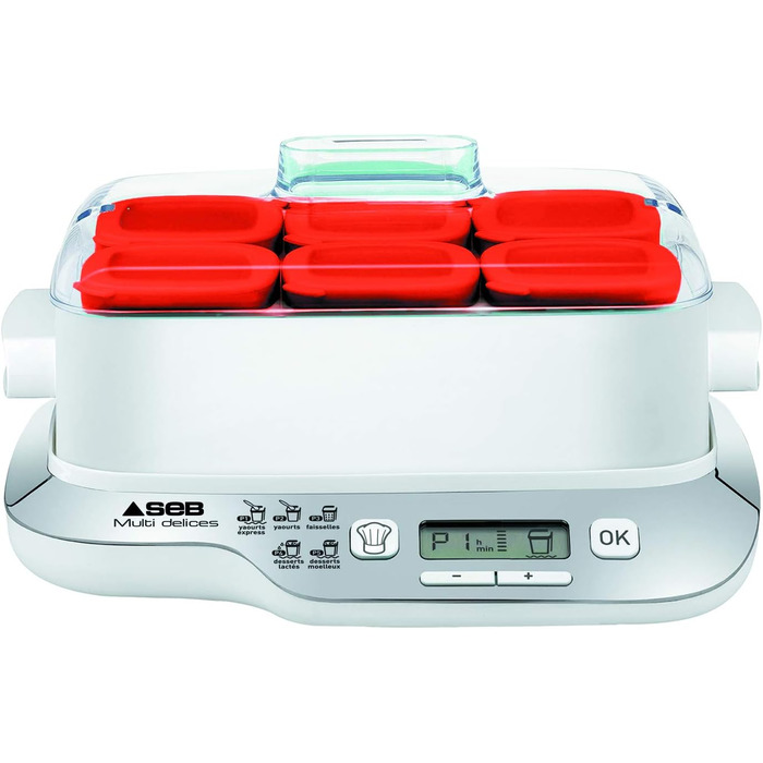 Йогуртниця, 6 червоних горщиків, йогурт, 5 автоматичних програм, молочні десерти, білий сир і м'які десерти, 140 мл, 100 без вміст