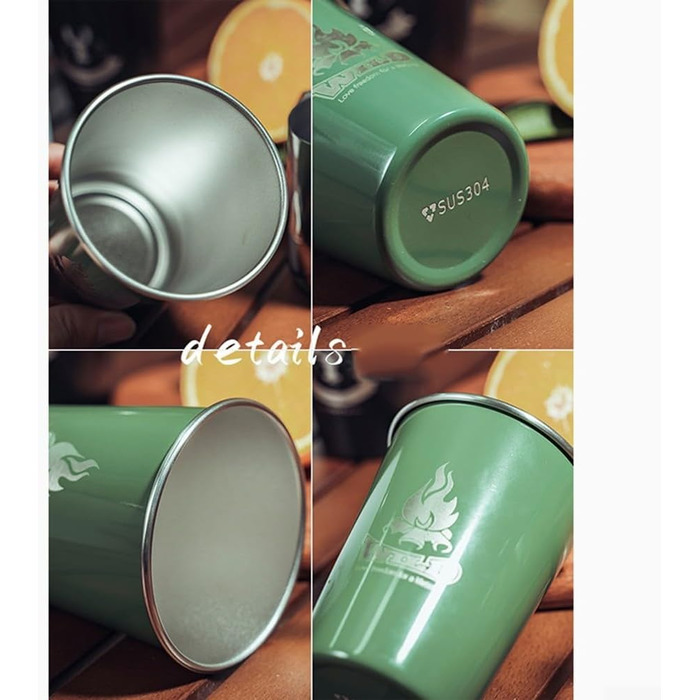 Набір стаканчиків з нержавіючої сталі для використання на відкритому повітрі, 4 предмети, металеві стаканчики харчового класу 304, об&39ємом 350 мл, що складаються один на одного, з сумкою для перенесення, для пікніків, подорожей (зелені)