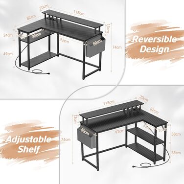 Кутовий ігровий стіл зі світлодіодним освітленням та довгою підставкою для монітора, L-подібний стіл із портом зарядки USB, розеткою та боковими кишенями, кутовий комп&39ютерний стіл для домашнього офісу, вуглецеве волокно