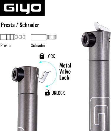 Велосипедний насос GIYO Super Micro, металевий, найменший насос, доступний з телескопічним насосом для гірського велосипеда (80 PSI), великий об&39єм, клапан Presta та Schrader, зроблено на Тайвані (GM-043LT)