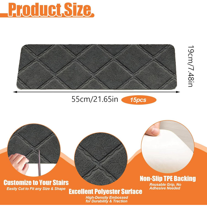 Килимків для сходів, 55 x 19 см, протиковзкі, самоклеючі, для приміщень, можна прати в пральній машині, самоклеючий килимок для сходів для дітей, людей похилого віку та домашніх тварин, 55 см x 19 см, темно-сірий, 15