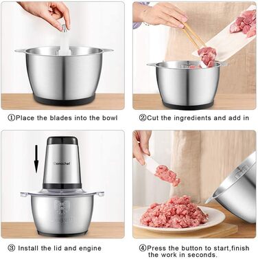 Електричний кухонний подрібнювач AMZCHEF - Мульти-подрібнювач потужністю 500 Вт з чашею з нержавіючої сталі 1,5 л, 4 леза для м'яса, 2 режими швидкості, фрукти та овочі, функції безпеки