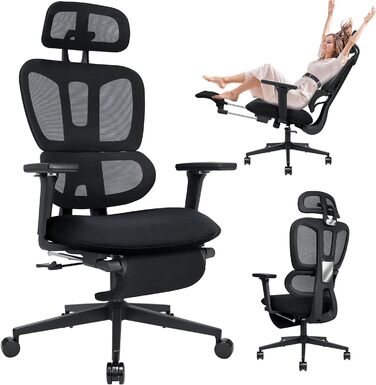 Ергономічне офісне крісло з підставкою для ніг, крісло для роботи з високою спинкою та подвійною спинкою, 2D-підголівник, відкидні підлокітники, губчасте сидіння, сітчасте крісло, крісло керівника, комп&39ютерне крісло для дорослих, чорне