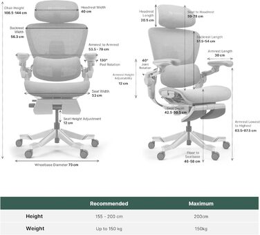 Ергономічне офісне крісло HINOMI H2 Pro з поперековою опорою, регульованим підголівником та підлокітниками, вантажопідйомність 150 кг, дихаюча сітка, обертове крісло для дому та офісу, ергономічне робоче крісло (чорне)