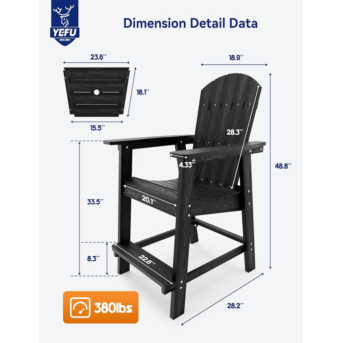 Балконне крісло YEFU, Високе крісло Adirondack, набір з 2 шт. , з з'єднувальним лотком, Polywood, Стілець Adirondack, Барний стілець, Табурет для патіо, 172.4 кг, Стійкий до погодних умов, Відкритий, Газон, Басейн, Задній двір