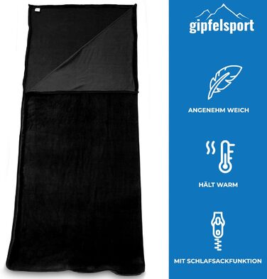 Ковдра з мікрофібри флісу Gipfelsport з функцією спального мішка Розмір 185 x 150 см, приблизно 690 г Ковдра з мікрофібри для кемпінгу, спальний мішок Легка, маленька, прямокутна, чорна