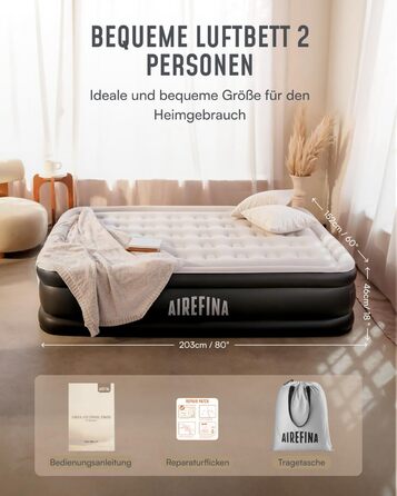 Надувний матрац Airefina для 2 осіб, самонадувальний, з вбудованим насосом, надувається за 3 хвилини, надувний матрац для кемпінгу та домашнього використання, міцне гостьове ліжко - 203 x 152 x 46 см, двоспальне (46 см)