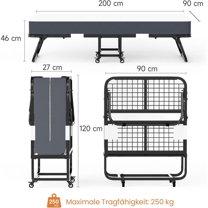 Розкладне ліжко (вкл. матрац з піни з ефектом пам&39яті товщиною 13 см), Розкладне гостьове ліжко, Для дорослих 90 x 200 см, Металевий розкладний каркас, Посилена металева сітка, Вантажопідйомність 250 кг 90X200 см