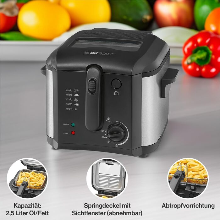 Фритюрниця Clatronic з місткістю олії/жиру 2.5 л Фритюрниця з контейнером для олії з антипригарним покриттям Frying Eye з 2 світловими індикаторами З оглядовим вікном і фільтром для запахів і жиру ФР 3649
