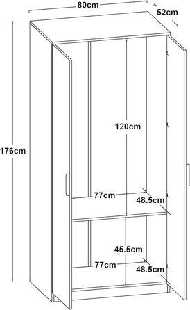 Шафа Eiselfing, 2-дверна шафа, 176 x 80 x 52 см, Шафа для спальні, 1 вішалка для одягу, 1 відділення, Білий, 176 x 80 x 52 см - 1 відділення