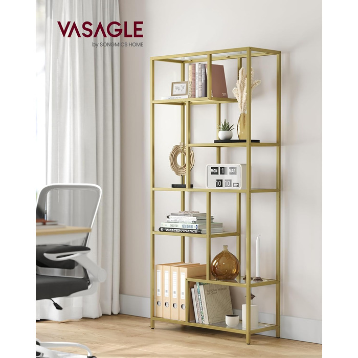 Книжкова полиця VASAGLE, блок із 6 полиць, окремостояча полиця, полиці із загартованого скла, 30 x 80 x 180 см, для кабінету, офісу, вітальні, спальні, кухні, металеве золото-прозоре LGT502A01 металеве золото прозоре загартоване скло сталь