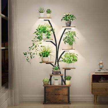 Підставка для рослин з підсвічуванням - 9 ярусів, металева та дерев&39яна підставка для квітів з шухлядою, кімнатна підставка для квітів висотою 165 см, полиця для рослин з підсвічуванням для використання в приміщенні, саду та на балконі