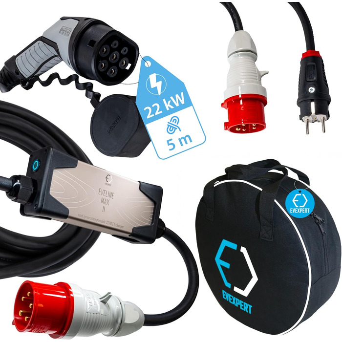 Зарядний кабель EVEXPERT Type 2 Schuko, Eveline Max I/II, 3,7-22кВт Smart EV зарядний пристрій та мобільна зарядна станція для еле