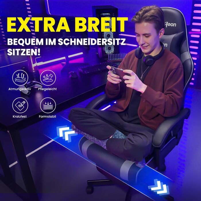 Ігрове крісло - Ергономічне ігрове крісло з підставкою для ніг, підголівником та поперековою опорою, регульоване по висоті, м&39яке, вантажопідйомність 150 кг, чорно-сіре