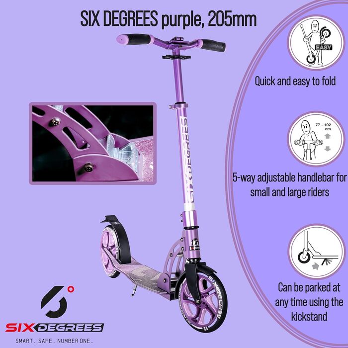 Алюмінієвий самокат Six Degrees зі складним механізмом, підставкою, 205 мм TEST WINNER, ABEC 7, регульований по висоті, протестова