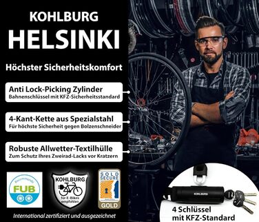 Захисний ланцюговий замок KOHLBURG - завдовжки 125 см з квадратним ланцюгом товщиною 8,3 мм із загартованої спеціальної сталі - надійний велосипедний замок з 4 ключами для електровелосипедів, велосипедів та мотоциклів